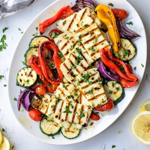 Golden-brown grilled halloumi cheese steaks topped with vibrant peppers, zucchini, and fresh parsley, served with lemon wedges.  