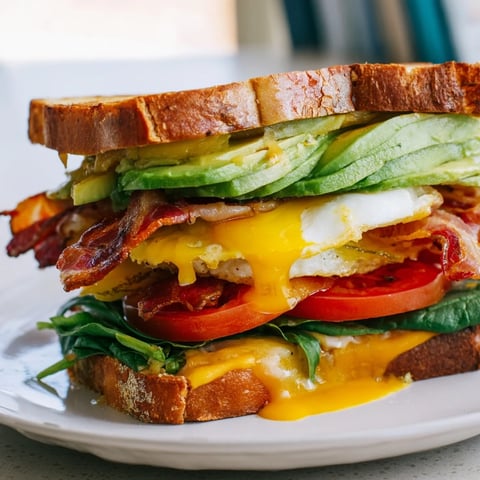A fully loaded breakfast sandwich with crispy bacon, creamy avocado, melty cheddar, and a fried egg on golden toasted sourdough bread.