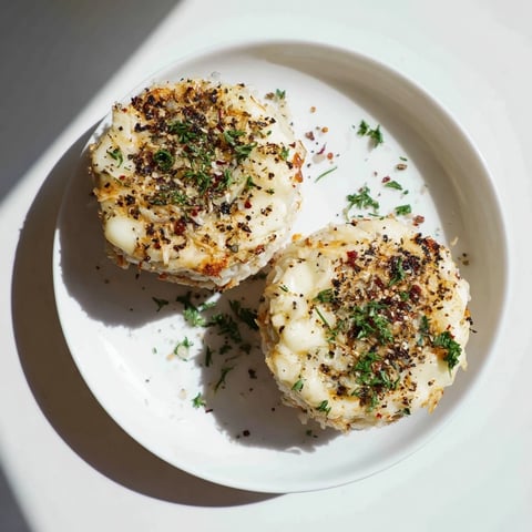 Crispy rice cake cheese stacks, golden-brown with melted mozzarella and parmesan, garnished with fresh parsley on a baking sheet.  