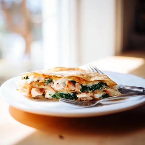 Golden-brown Chicken and Spinach Quesadilla wedges sit on a plate, garnished with fresh cilantro and a side of creamy sour cream.