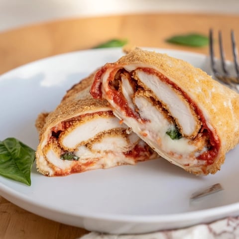 Golden brown breaded chicken cutlet layered with rich marinara and melted mozzarella cheese inside a soft flour tortilla for this Crispy Chicken Parm Wrap.