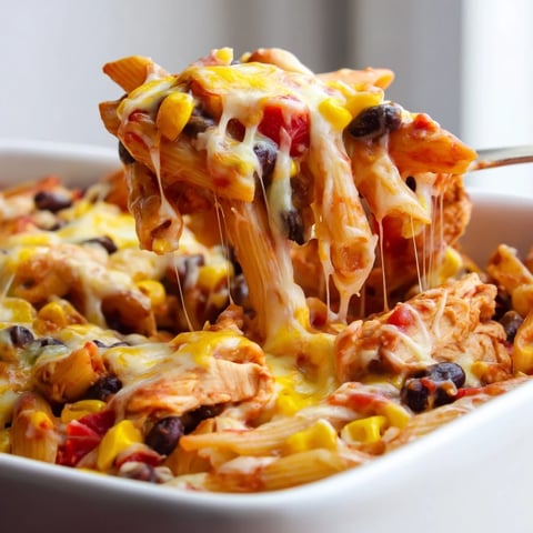 Bubbling cheese tops a skillet of Chicken Burrito Pasta Bake with corn and black beans.  
