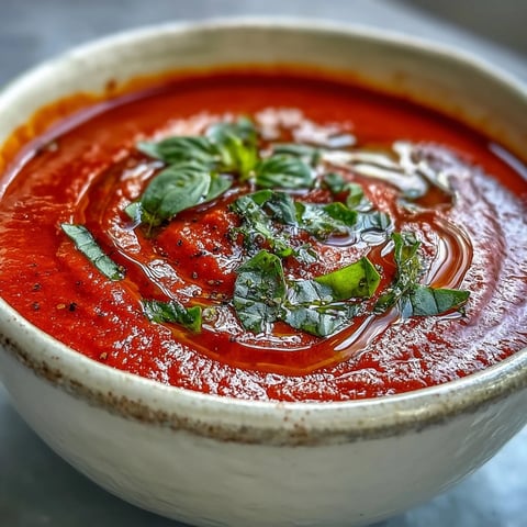 A bowl of vibrant Tomato and Basil Soup, garnished with fresh basil and a swirl of olive oil next to crusty bread.