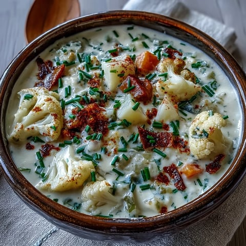 Creamy Vegetarian Cauliflower Chowder in a rustic bowl topped with fresh chives and shredded cheese.