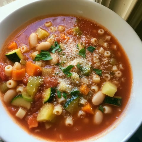 A steaming bowl of hearty Minestrone Vegetable Soup garnished with fresh parsley and grated Parmesan, served alongside crusty Italian bread.  