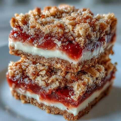 Golden-baked Rhubarb and Custard Crumble Bars display a layered cut with vibrant pink fruit and creamy custard filling.