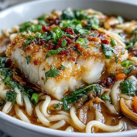 Tender poached cod rests atop silky udon noodles in a fragrant spiced coconut broth.