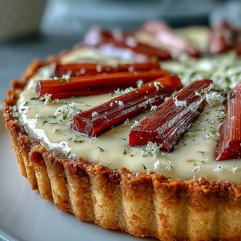 A slice of Rhubarb, White Chocolate, and Elderflower Tart reveals creamy white chocolate custard and tangy roasted rhubarb strips. 