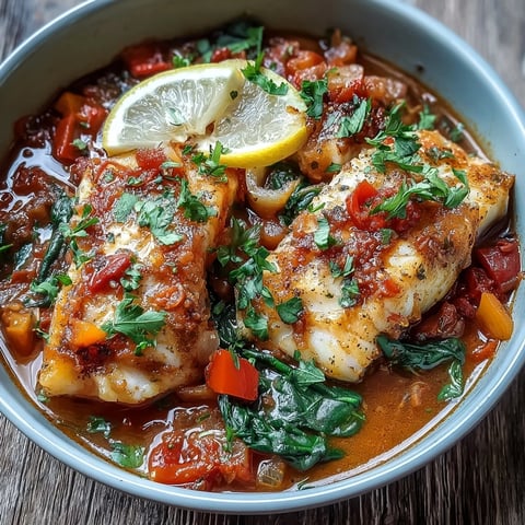 Spiced Cod One Pot simmering with red and yellow peppers, tomatoes, spinach, and aromatic spices in a Dutch oven.