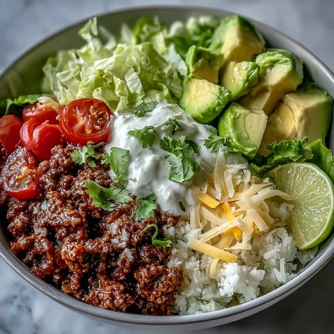 A close-up of a Low Carb Burrito Bowl showcases seasoned ground beef and cauliflower rice on a bed of crisp romaine.