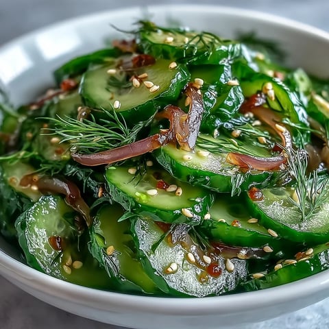 Refreshing Crunchy Cucumber Salad served chilled in a white bowl, garnished with fresh dill and a light vinegar dressing.