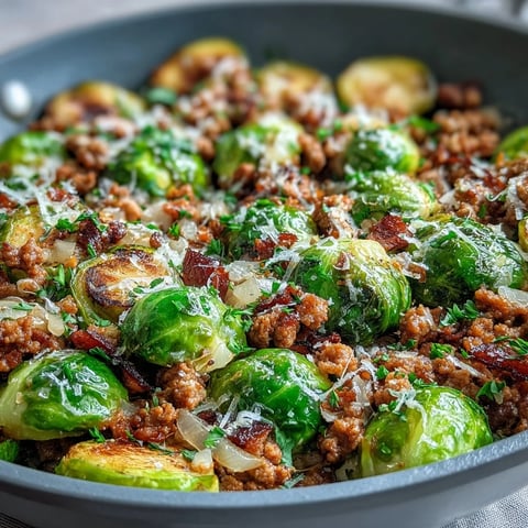 Crisp-edged Brussels sprouts and savory ground turkey sizzle in a skillet garnished with Parmesan and fresh parsley.