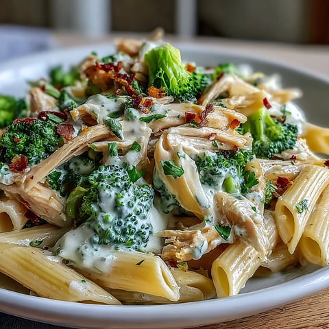 Bright broccoli florets and tender shredded rotisserie chicken coated in a creamy Greek yogurt sauce, served over whole-wheat penne and garnished with fresh parsley and grated Parmesan.