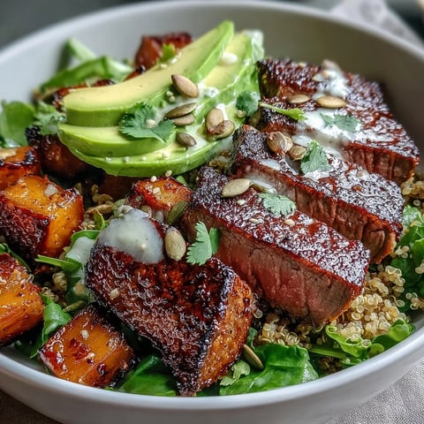 Golden roasted butternut squash steak bowls are plated over fluffy quinoa, topped with creamy avocado, thinly sliced steak, and fresh greens, drizzled with zesty lime-cilantro dressing.