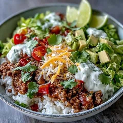 Freshly cooked ground turkey with onions and peppers seasoned for a Turkey Taco Bowl, served over fluffy white rice.