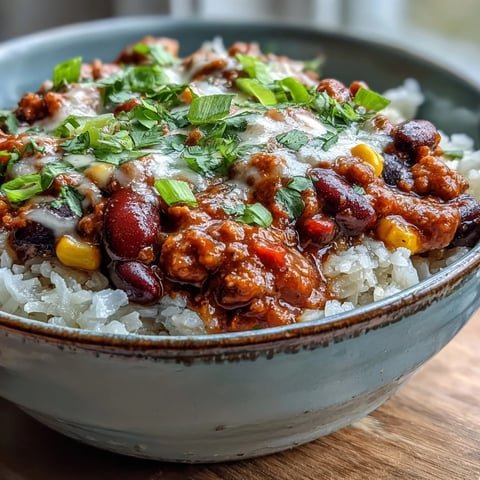 Hearty Chili Bowl Base with ground beef, beans, and corn served over fluffy white rice.