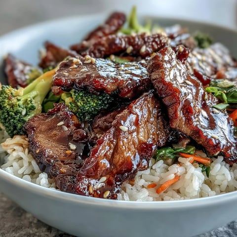 Steaming bowl of Teriyaki Beef Bowl with fluffy rice, broccoli, and bell peppers, garnished with sesame seeds.