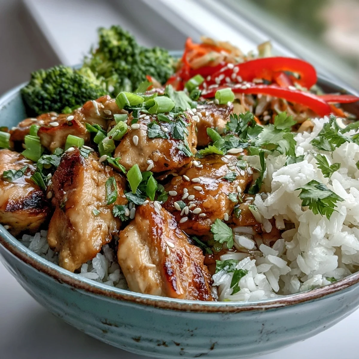 Tender chicken pieces and vibrant broccoli are piled onto fluffy white rice in this Chicken and Rice Bowl.