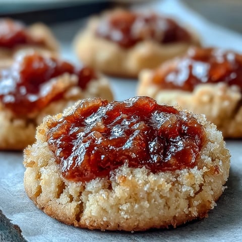 Golden-brown Guava Jam Thumbprint Cookies with glistening ruby jam centers, arranged on a rustic wooden board.