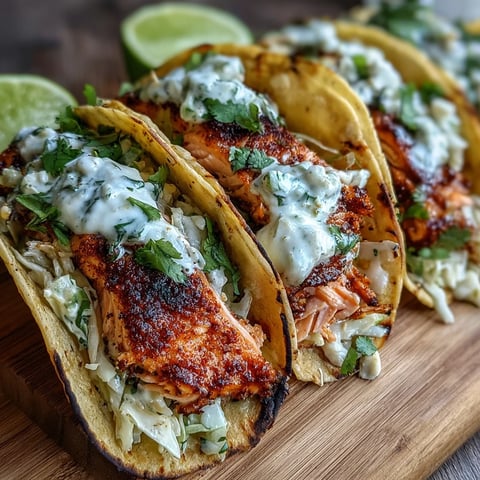 Crispy air fryer salmon tacos with slaw garnished with fresh cilantro on warm tortillas.