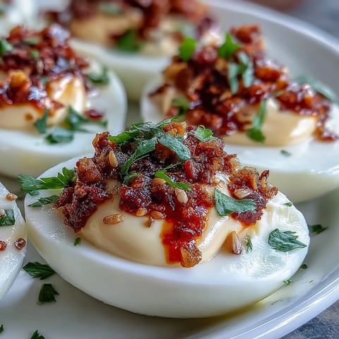 Spicy Chili Garlic Deviled Eggs topped with chili crisp, sesame seeds, and cilantro on a rustic wooden board.