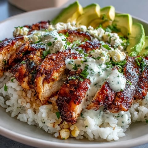 Juicy seasoned chicken and charred street corn top fluffy rice in this Street Corn Chicken Rice Bowl, drizzled with creamy tajín-lime sauce.