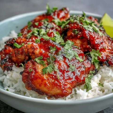 Golden-brown Spicy Maple Chicken sizzling in a sweet and spicy glaze, served over fluffy coconut rice.