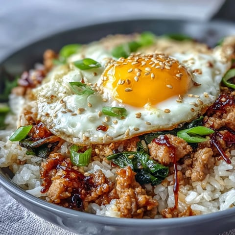 Creamy Korean Turkey Rice Skillet topped with a jammy egg, sesame seeds, and scallions, served steaming in a rustic bowl.