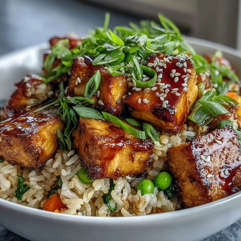 Crispy golden tofu cubes and colorful mixed vegetables piled high on fluffy jasmine rice, ready to be served.