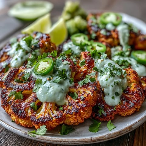 Golden-brown Keto Chili Lime Cauliflower Steaks with Avocado Crema are plated with fresh cilantro and lime wedges for a low-carb dinner.