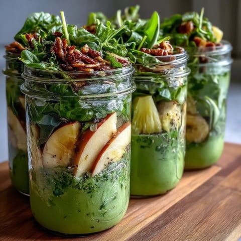Four clear mason jars filled with vibrant green smoothie layers of spinach, pineapple, and banana for easy meal prep.