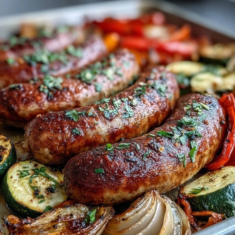 Sheet Pan Italian Sausage with Peppers and Zucchini roasted until caramelized and golden on a parchment-lined tray.