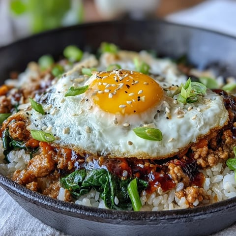Creamy Korean Turkey Rice Skillet topped with jammy eggs and sesame seeds. Photo shows a comforting one-pan weeknight dinner with savory aromas.
