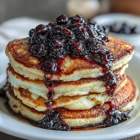 Fluffy Greek yogurt pancakes topped with warm blueberry compote and fresh blueberries, perfect for a protein-rich brunch.