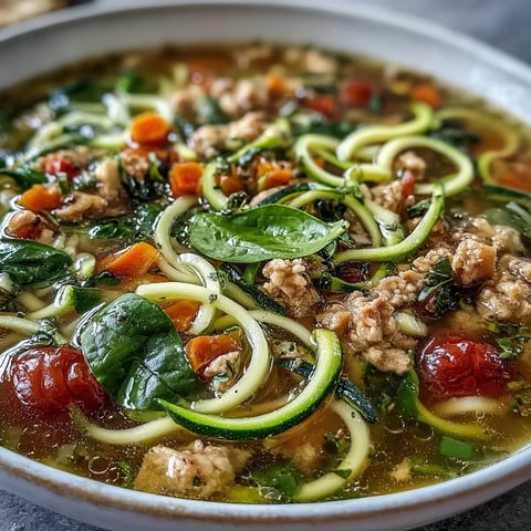 Turkey and Veggie Zucchini Noodle Soup with tender turkey, fresh spiralized zucchini, and colorful vegetables in a savory broth.