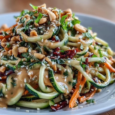 Vibrant vegan Thai peanut zucchini noodle salad with crunchy veggie ribbons tossed in creamy dressing and sprinkled with roasted peanuts.  