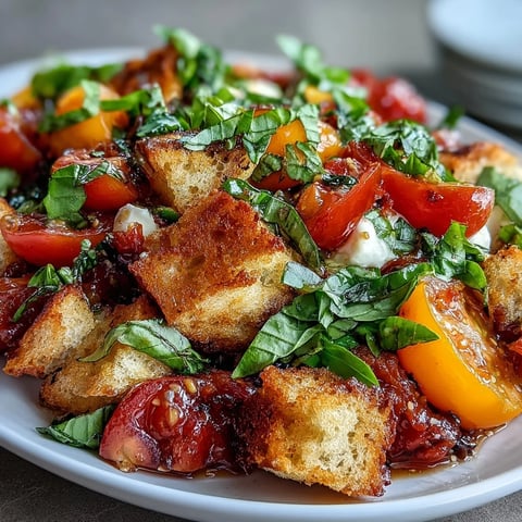 Vibrant sourdough panzanella salad with heirloom tomatoes, crunchy croutons, and fragrant basil vinaigrette, perfect for summer dining.  