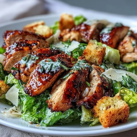 Juicy grilled chicken Caesar salad with tangy Greek yogurt dressing, crisp romaine lettuce, and golden sourdough croutons for a healthy, satisfying meal.