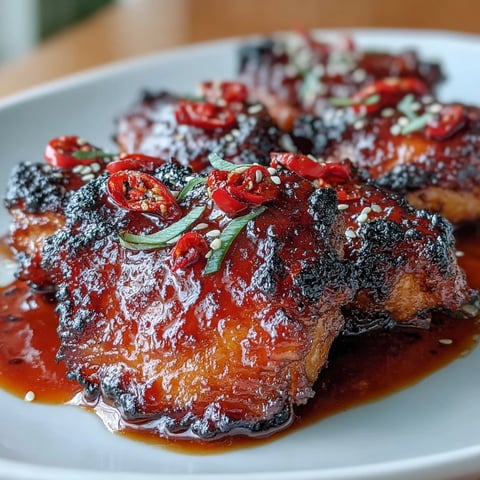 Sticky chili jam glazed chicken thighs with caramelized edges, served on a rustic wooden board with fresh cilantro and sesame seeds.  