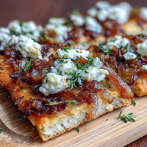 Crispy golden flatbread with sweet caramelized onions, creamy goat cheese, and fresh thyme for a savory appetizer.  