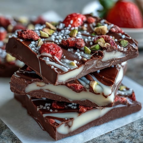 A festive Valentine chocolate bark with swirls of dark and white chocolate, topped with freeze-dried strawberries and colorful sprinkles.