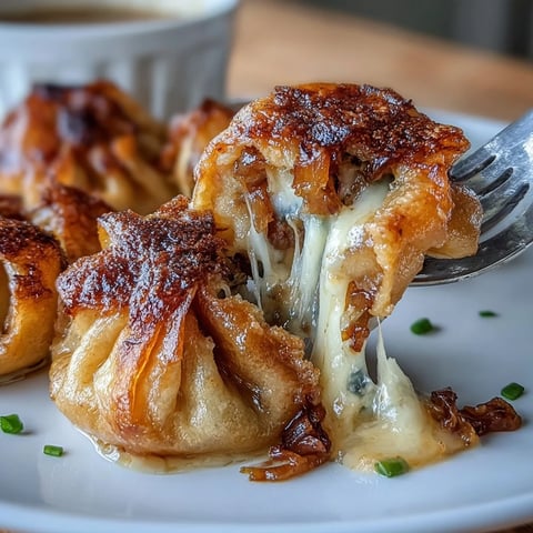 Crispy caramelized French onion soup dumplings filled with Gruyère and topped with chives.