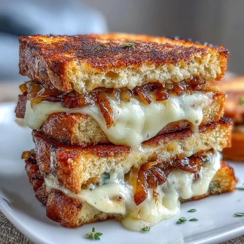 Gourmet sourdough grilled cheese with caramelized onions and melted Gruyere cheese oozing between golden toasted bread slices.