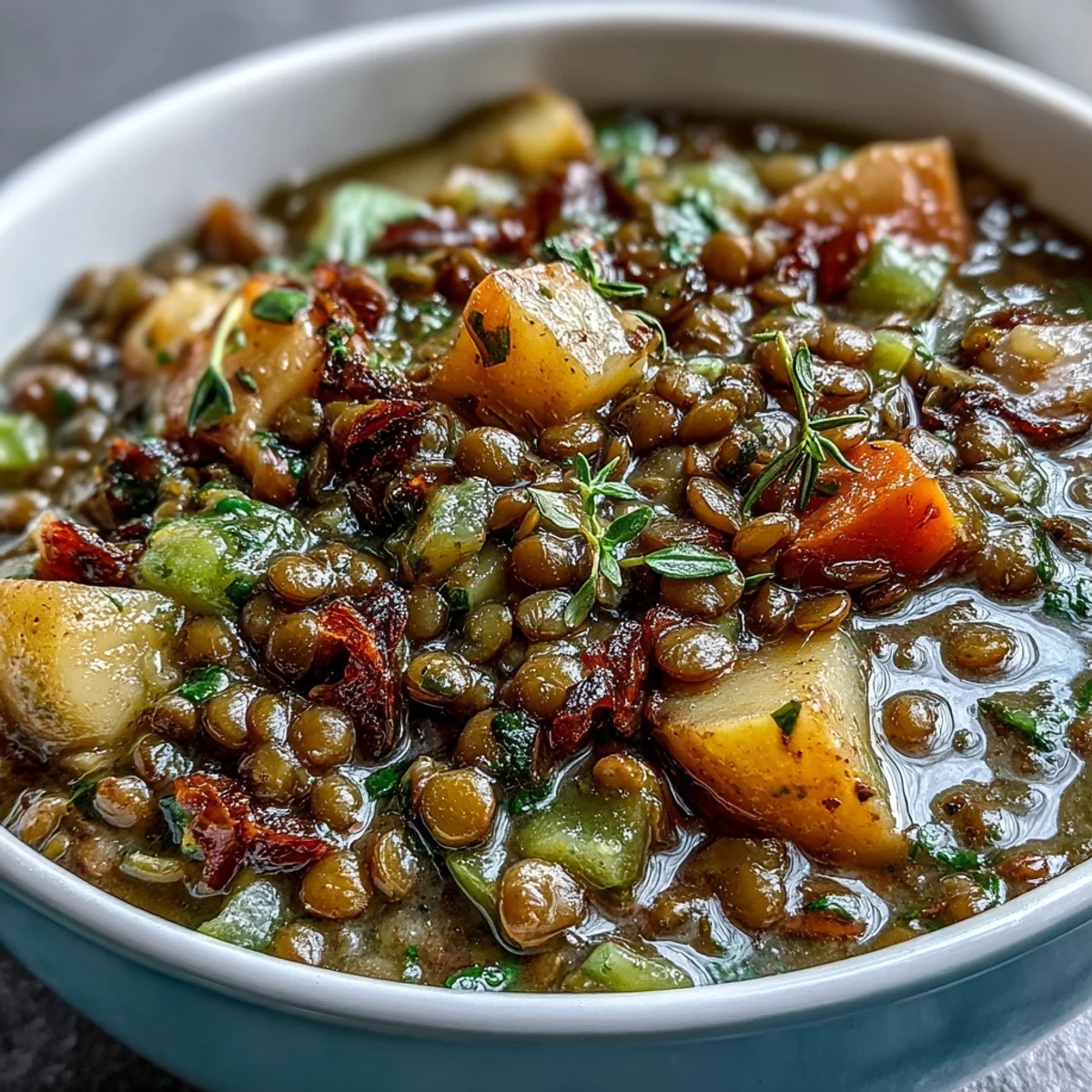 A comforting bowl of Little Sprout Green Lentil Stew, brimming with tender lentils, carrots, and potatoes in a savory herb-infused broth.