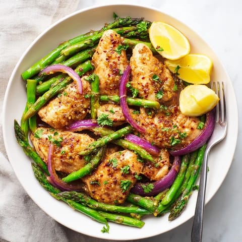 Vibrant One-Pan Lemon Garlic Chicken with Asparagus, served with fresh herbs and lemon wedges.  