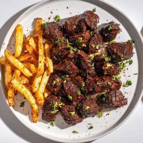 Golden-brown Blackened Cajun Steak Bites sizzled in a pan, beside a pile of seasoned, hot fries.