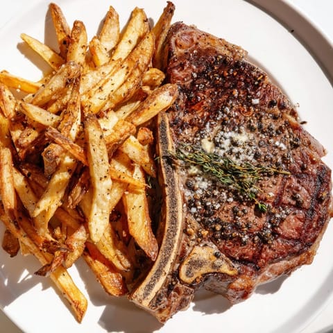 Imagine the aroma: a sizzling Classic Peppercorn Ribeye, perfectly seared, ready to enjoy with fries.