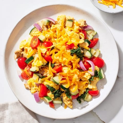 Fluffy Egg & Veggie Sheet Pan Scramble, loaded with colorful roasted veggies and melted cheese.