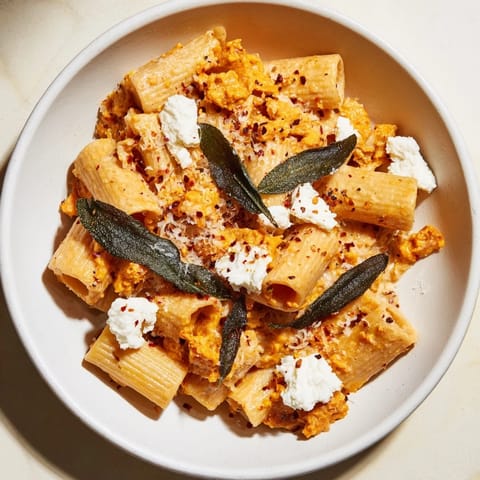 Creamy Viral Sweet Potato Goat Cheese Sage pasta dish with crumbled cheese and vibrant herbs.