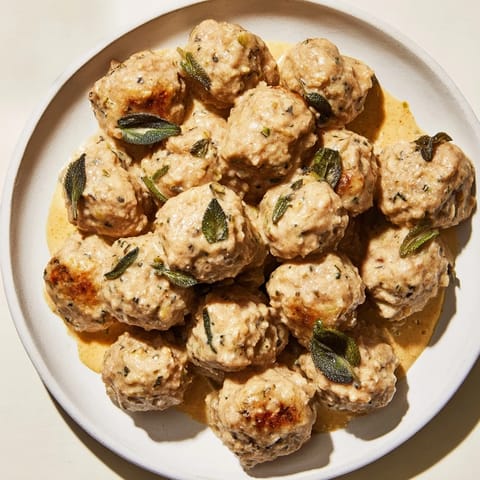 A close-up of tender Easy Turkey Meatballs, coated in a luscious pumpkin sauce with visible sage flecks.